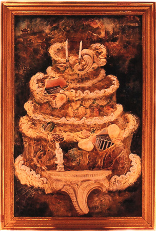 A dark, tiered cake collage with lit candles, standing on a bracket, in a gilt frame