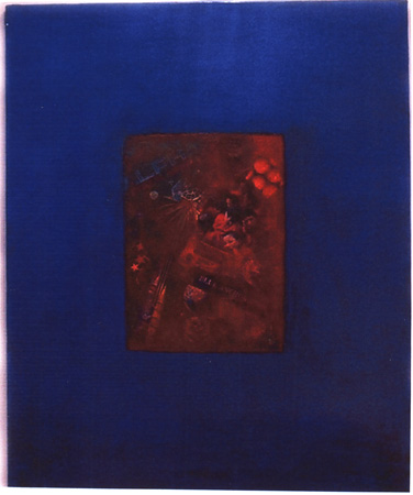 An ultramarine field framing a central panel of red and orange collage