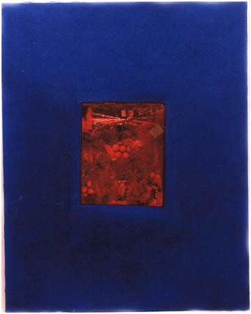 A deep ultramarine field with a small red collage panel at its centre