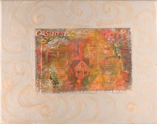 A collage of a Castro Street postcard scene in warm reds and yellows on a silvered, swirled ground