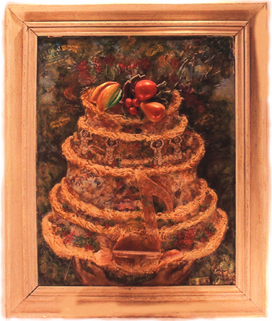A spiralling tiered cake topped with fruit, in a copper-coloured frame
