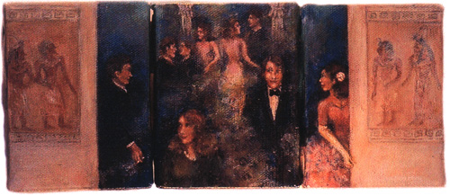 Three panels: couples in evening dress at a party, between walls of Egyptian-style reliefs