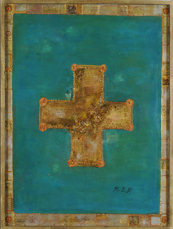 A textured gold cross on a teal field inside a patterned gilt border