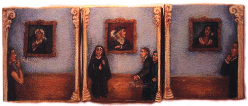 Three panels: a nun and other visitors looking at framed portraits on a gallery wall