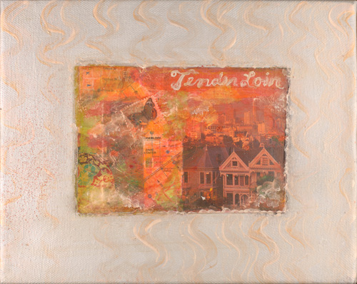 A collage of San Francisco postcards, Victorian houses and a street map on a silvered, swirled ground, lettered “Tenderloin”