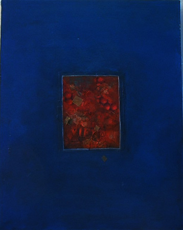 A dark ultramarine field with a small, deep red collage at its centre